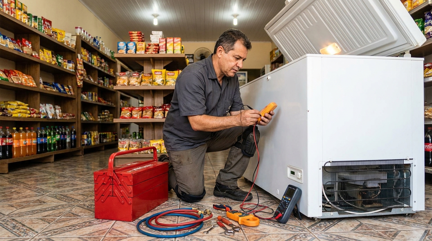 Recarga de gás refrigerante no freezer durante atendimento em Uberlândia‑MG